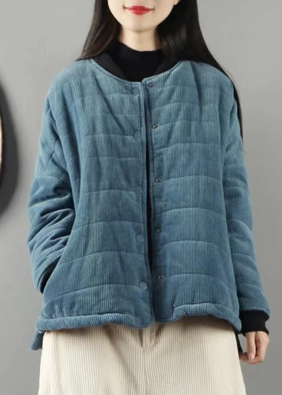 Comfortable Tops Plus Size Blue Stand Collar Pockets Fine Cotton Filled Coats Winter