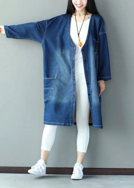 Retro Design Plus Size Blue V Neck Pockets Applique Cotton Denim Coats Spring