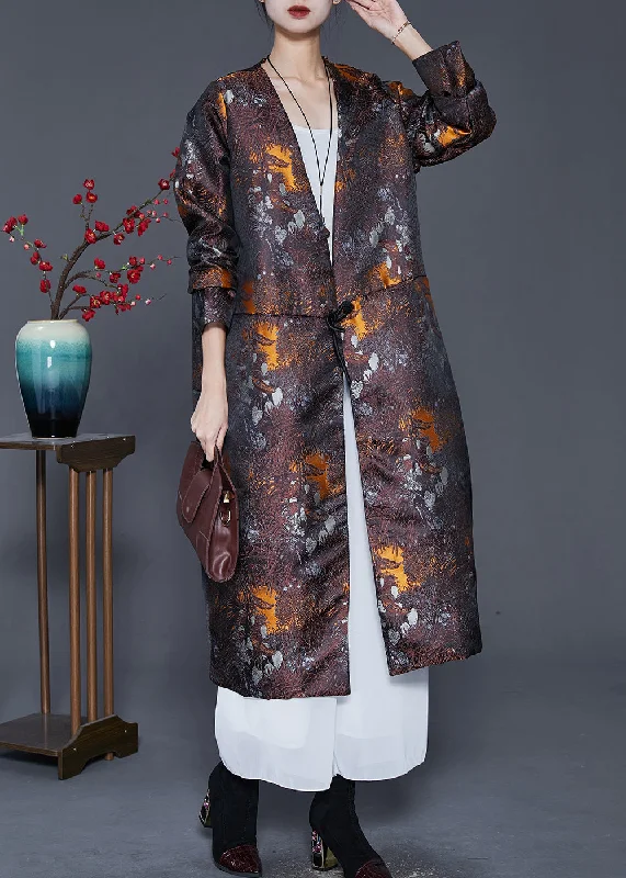 Sports And Leisure Plus Size Brown Oversized Print Cotton Filled Silk Coat Outwear Spring