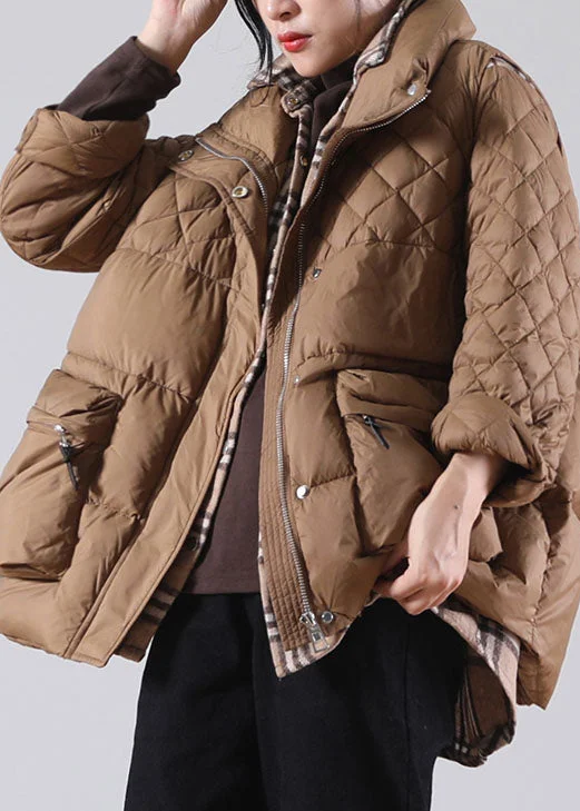 Simple Style Plus Size Brown Zip Up Pockets Duck Down Winter Coats
