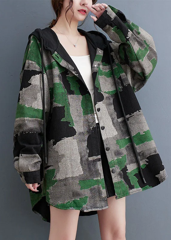 Retro Prints Plus Size Camouflage Print Wrinkled Hooded Coats Long Sleeve