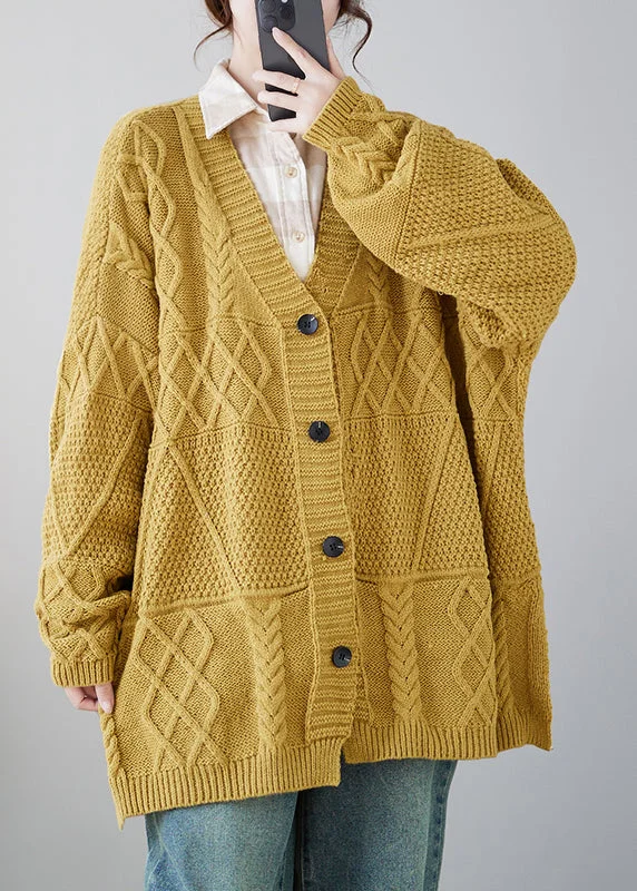 Summer Selection Plus Size Casual Yellow V Neck Button Knit Cardigans Coat Fall