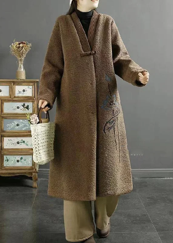 Comfortable Outfits Plus Size Chocolate Embroideried Chinese Button Faux Fur Coats Winter