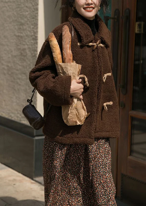 Casual Fit Wear Plus Size Chocolate Horn Button Thick Cashmere Teddy Coat Winter