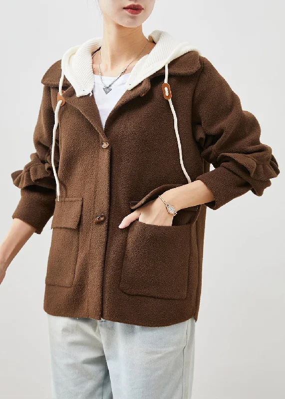 High Street Series Plus Size Chocolate Ruffled Patchwork Woolen Coat Spring