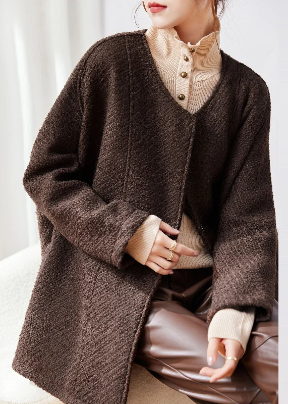 Fresh Wear Plus Size Coffee Button Patchwork Cozy Woolen Coat Fall