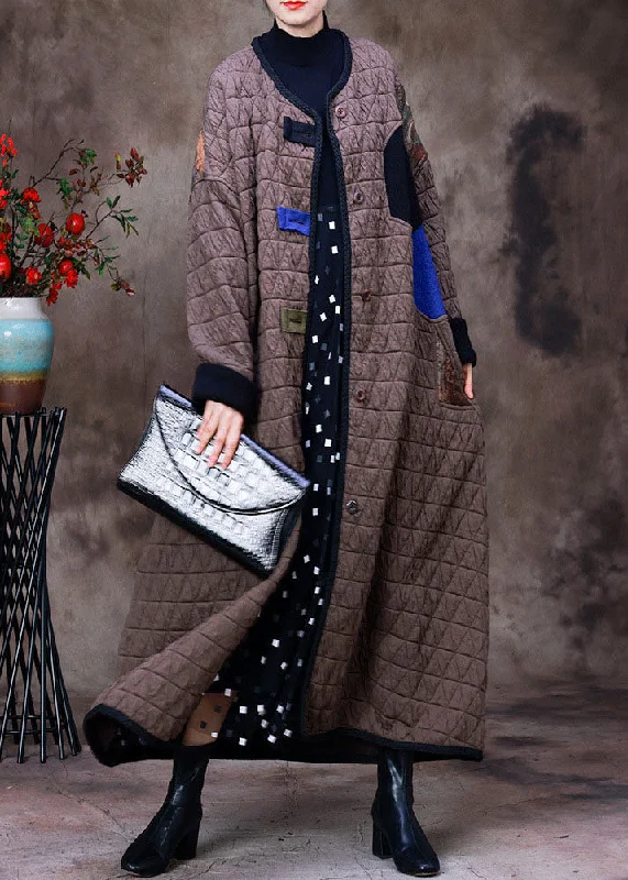 Low-key Luxury Plus Size Coffee O-Neck Patchwork Applique Fine Cotton Filled Winter Coat Long sleeve Low-key Luxury Plus Size Coffee O-Neck Patchwork Applique Fine Cotton Filled Winter Coat Long sleeve