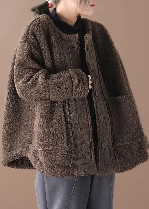 Lively And Youthful Plus Size Coffee O-Neck Pockets Casual Fall Winter Thick Coats Long sleeve