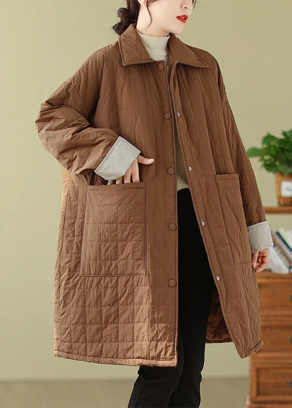 Cozy Vibes Plus Size Coffee Peter Pan Collar Pockets Fine Cotton Filled Coat Winter