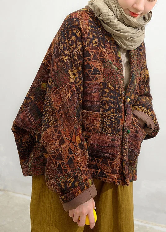 Cozy Chic Plus Size Coffee V Neck Pockets Patchwork Fine Cotton Filled Jacket Batwing Sleeve