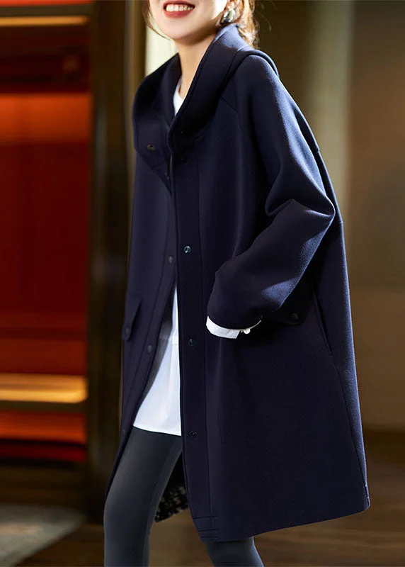 Basic Comfort Plus Size Dark Blue Button Hooded Fleece Coats Fall