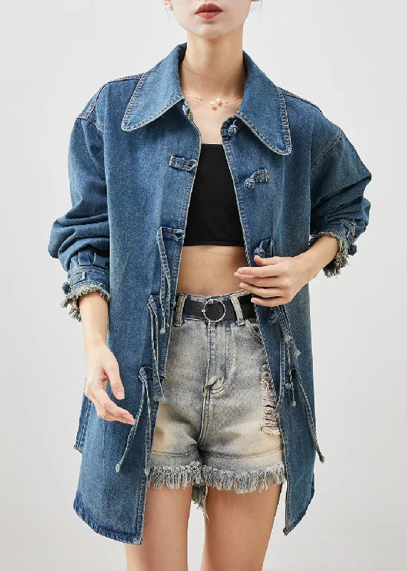 High-end Design Plus Size Denim Blue Chinese Button Cotton Coat Outwear Spring