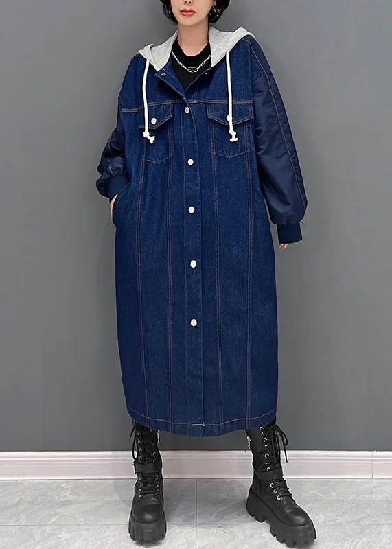 Smart Comfort Wear Plus Size Denim Blue Patchwork Button Hooded Coat Fall