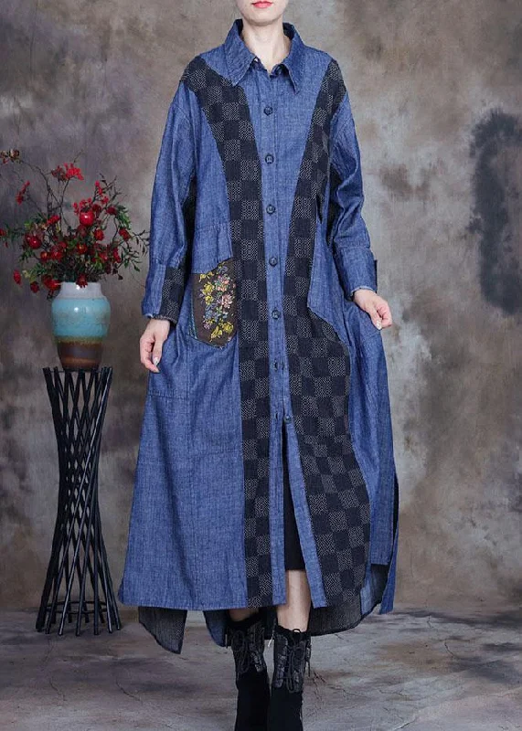 Elegant And Simple Plus Size denim blue Patchwork Plaid asymmetrical design Fall Coats
