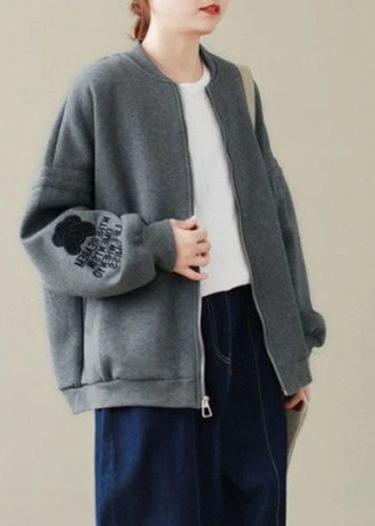 Elegant And Noble Plus Size French Grey Zip Up Loose Jacket Spring
