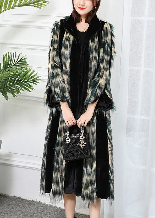 Trendy Comfort Wear Plus Size Gradient Color Striped Patchwork Faux Leather And Fur Coat Outwear Winter