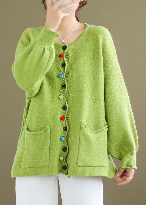 Integrated Design Plus Size Green Button Pockets Knit Coat Long Sleeve