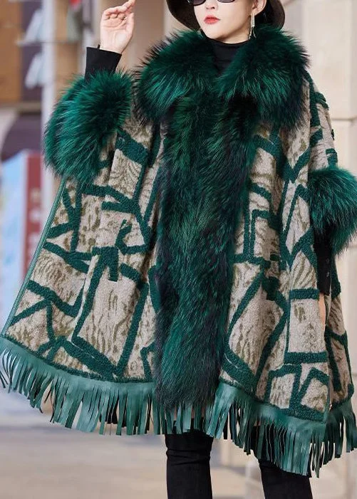 Classic Style Plus Size Green Fox Collar Pockets Leather And Fur Coat Long Sleeve
