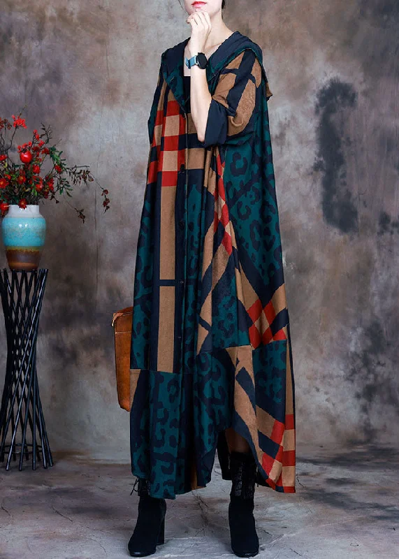 Elegant Style Plus Size Green Hooded Plaid Leopard Patchwork Cotton Trench Coat Long Sleeve