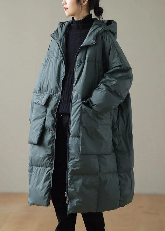 British Style Plus Size Green hooded Zippered Pockets Winter Down Coat Long sleeve