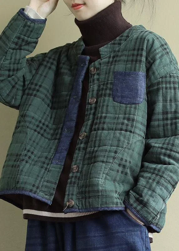 Fashion Style Plus Size Green Plaid Button Patchwork Winter Jackets Long sleeve