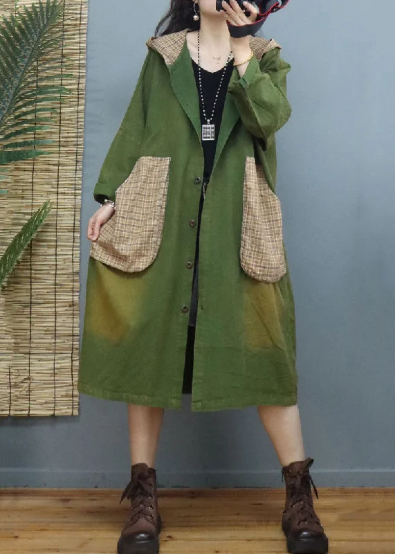 Everyday Style Plus Size Green Plaid Pockets Patchwork Cotton Coats Fall