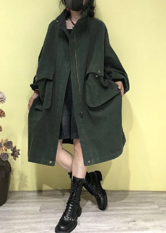 Fashion Wear Plus Size Green Stand Collar Zippered Pockets Trench Coats Fall
