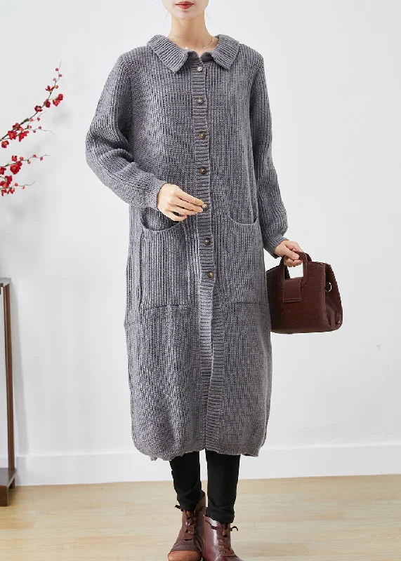 Cozy Essentials Wear Plus Size Grey Button Down Pockets Knit Long Coats Fall