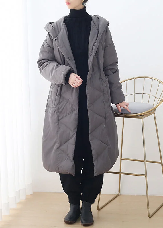 Playful Style Plus Size Grey Button Pockets Hooded Down Coat Long Sleeve
