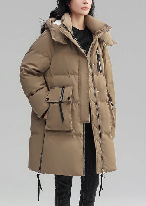 Soft Layers Plus Size Khaki Hooded Button Patchwork Duck Down Coat Winter