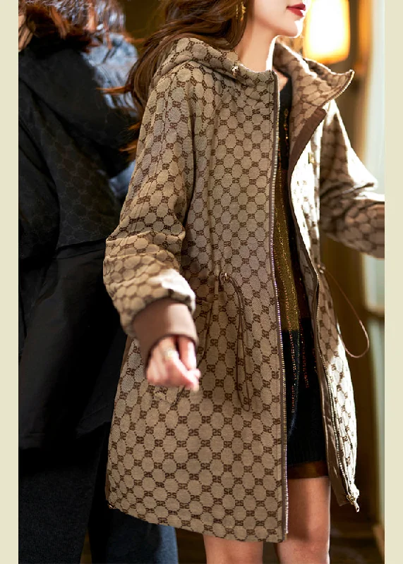 Fashion Classic Plus Size Khaki Hooded Print Drawstring Cotton Filled Coats Long Sleeve