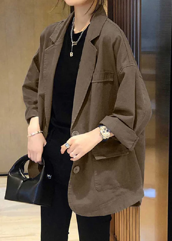 Comfortable Looks Plus Size Khaki Notched Pockets Patchwork Cotton Coats Fall