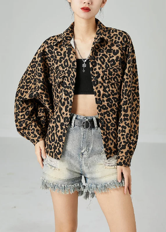 Moisture wicking Plus Size Khaki Oversized Leopard Print Cotton Coat Batwing Sleeve Moisture wicking Plus Size Khaki Oversized Leopard Print Cotton Coat Batwing Sleeve