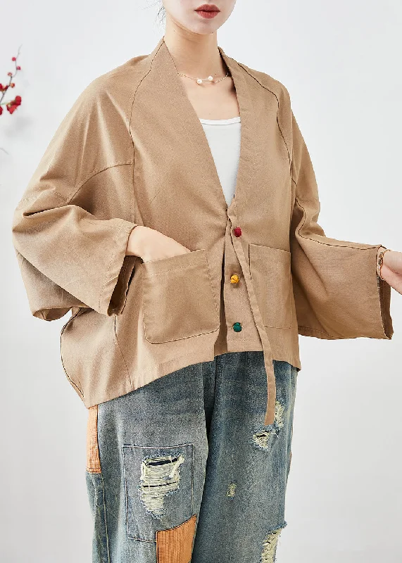 Elegant Fit Plus Size Khaki Oversized Pockets Linen Jackets Batwing Sleeve