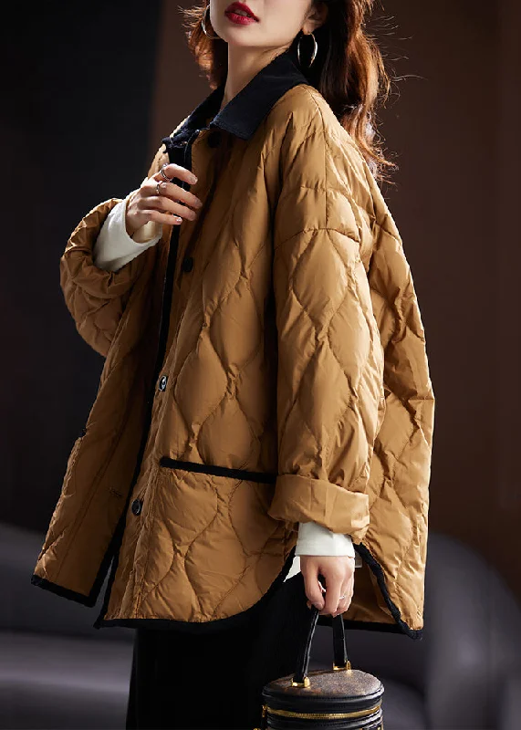 European Plan Plus Size Khaki Peter Pan Collar Pockets Duck Down Coat Long Sleeve