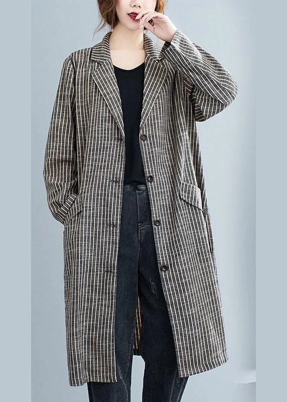 Double-sided Wear Plus Size Khaki PeterPan Collar Button Pockets Striped Fall Long sleeve Trench coats