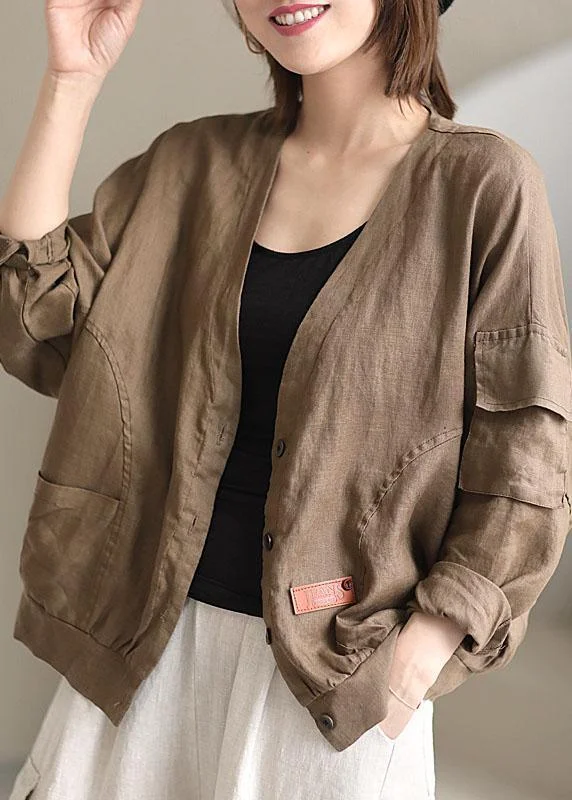 Spiritual Vitality Plus Size Khaki V Neck Loose Button Fall Long sleeve Jacket