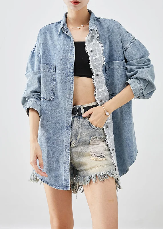 Designer Style Plus Size Light Blue Oversized Patchwork Denim Coats Fall