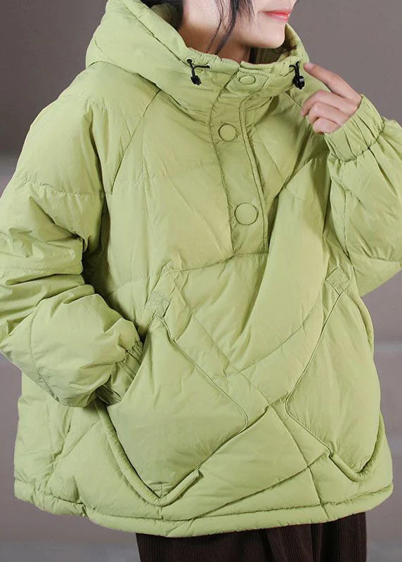 Thin Design Plus Size Light Green Hooded Drawstring Duck Down Pullover Jackets Winter