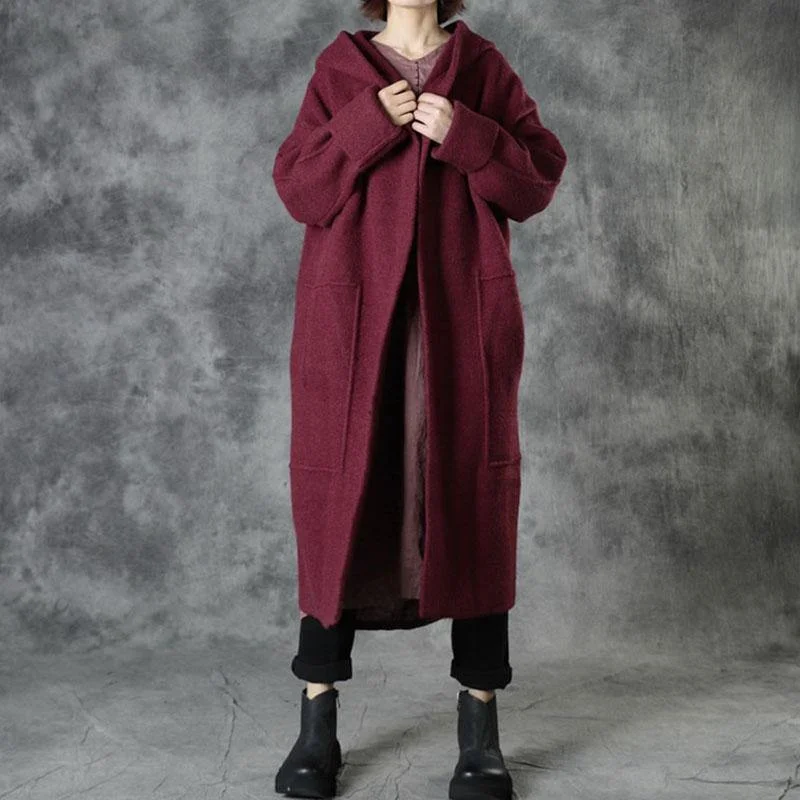 Elegant And Casual Plus Size Mulberry Loose Pockets Fall Hooded  Long Sleeve Sweaters Coat