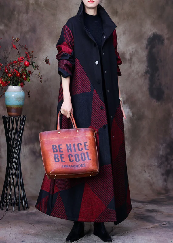 Slim Fit Plus Size Mulberry Stand Collar Asymmetrical Patchwork Button Woolen Maxi Coat Long Sleeve