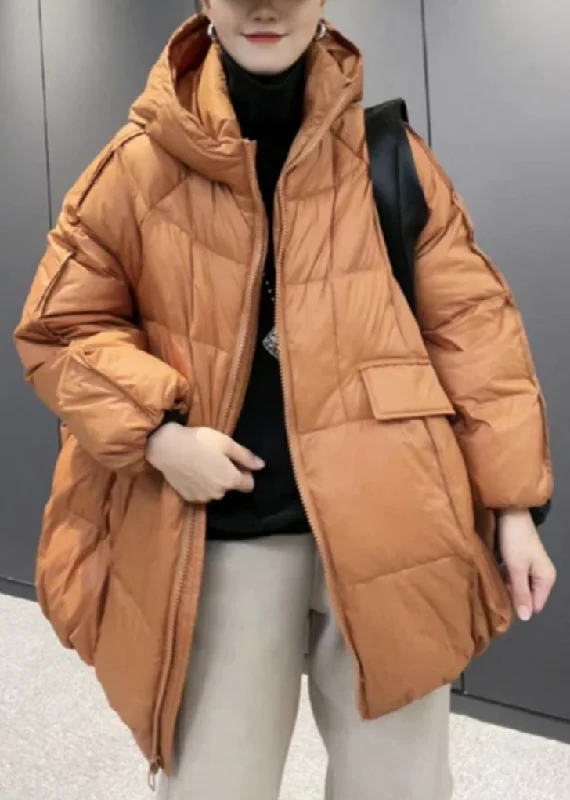 Floral Prints Plus Size Orange Hooded Zippered Patchwork Duck Down Coat Long Sleeve
