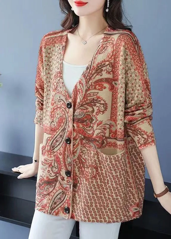 Trendy Traveler Plus Size Orange V Neck Print Button Mink Hair Knitted Coat Fall