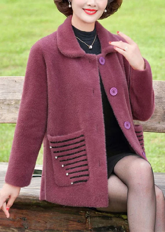 Outdoor Trend Plus Size Purple Peter Pan Collar Striped Pockets Mink Hair Knitted Coat Winter
