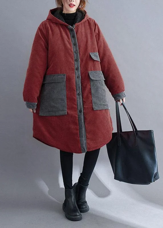 Comfortable And Casual Plus Size Red hooded Button Corduroy Winter Cotton Long Coat sleeve