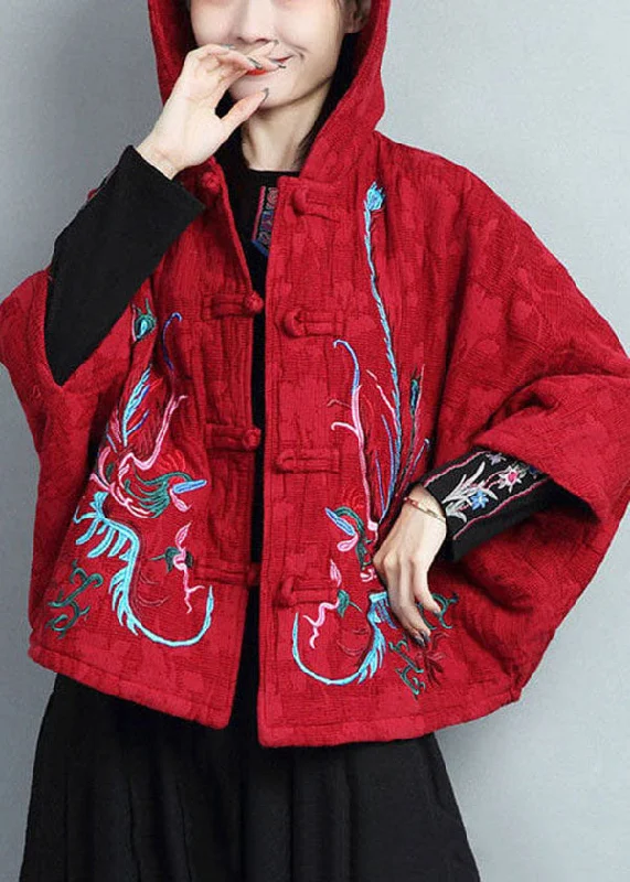Casual Style Plus Size Red Hooded Embroideried Warm Fleece Coat Batwing Sleeve