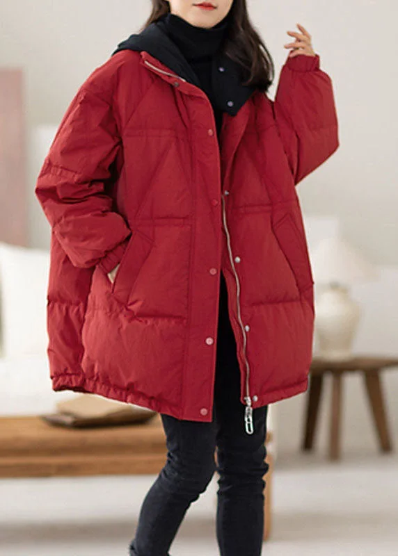 Youthful Plus Size Red Hooded Patchwork Duck Down Puffers Jackets Winter