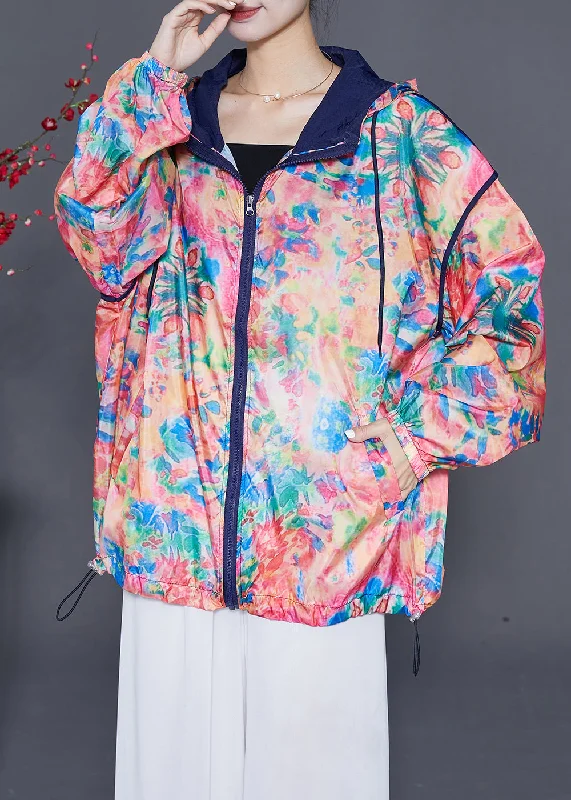 Warm And Comfortable Plus Size Red Hooded Print Drawstring UPF 50+ Coat Jacket Summer