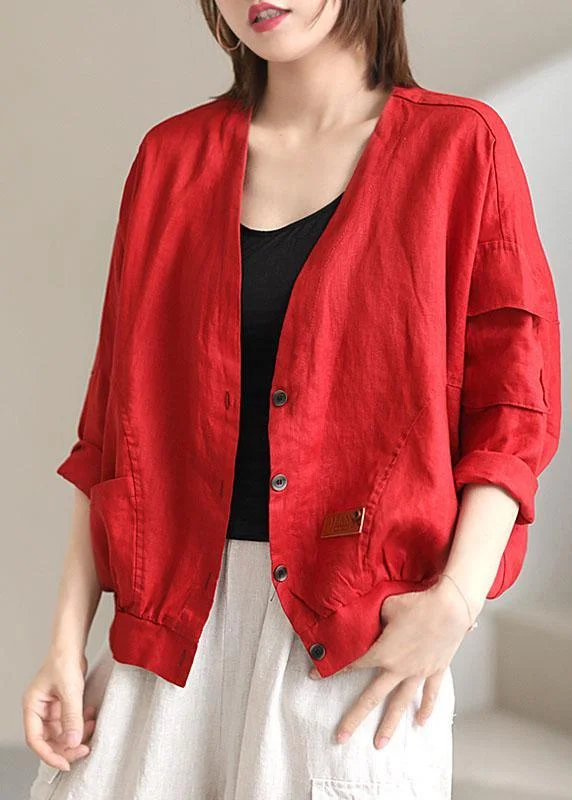 New Autumn And Winter Styles Plus Size Red V Neck Pockets Fall Coats Long sleeve