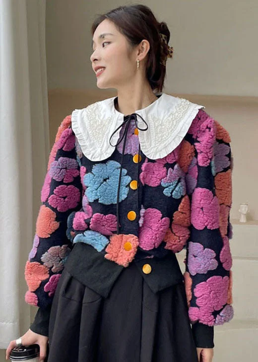 Light And Breathable Plus Size Rose flower Button Floral Faux Fur Winter Coat